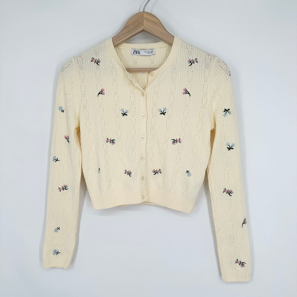 ZARA Embroidered Floral Cropped Cardigan Cottagecore Vintage Inspired Sweater - Picture 6 of 13